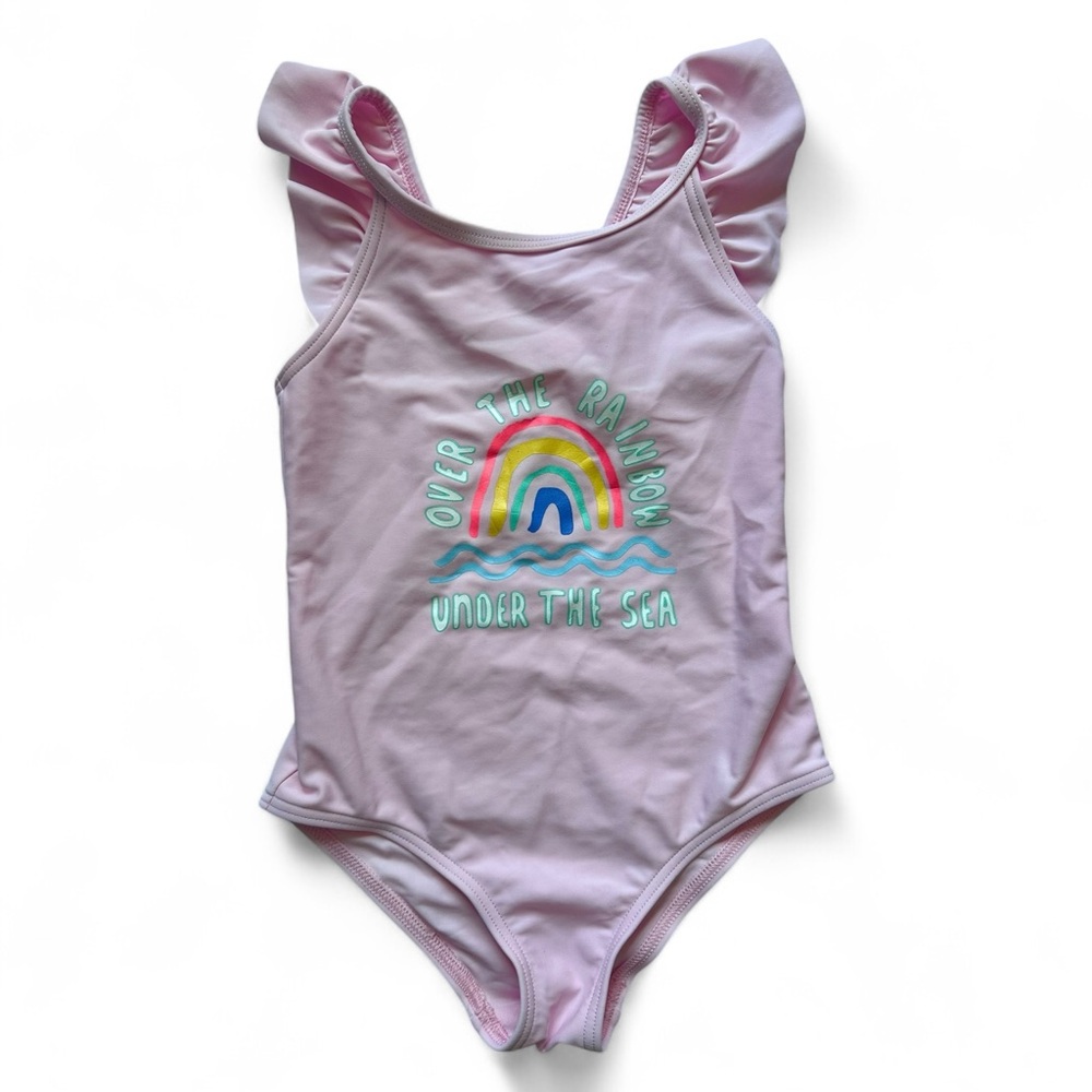 M&S Pink Rainbow One Piece Swimsuit 4T Ruffle Strap Graphic Beach